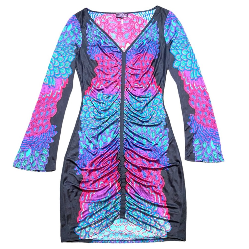 Hale Bob 100% Silk Peacock Feather Print Bodycon Dress Size S
